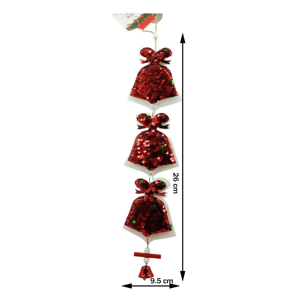 Ornament De Brad Trei Clopotei Cu Paiete, Lemn, 36 Cm