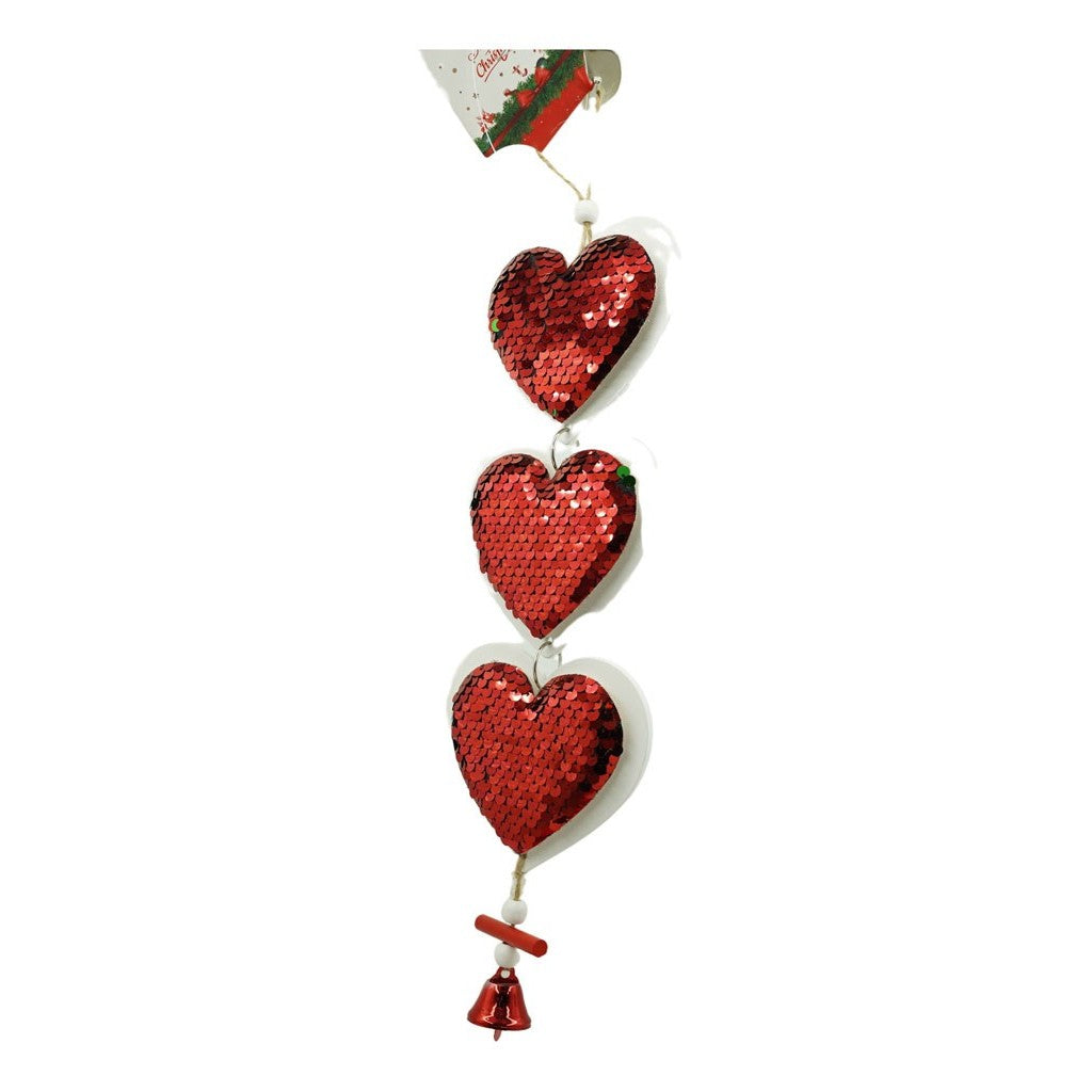 Ornament De Brad Trei Inimi Cu Paiete, Lemn, 36 Cm