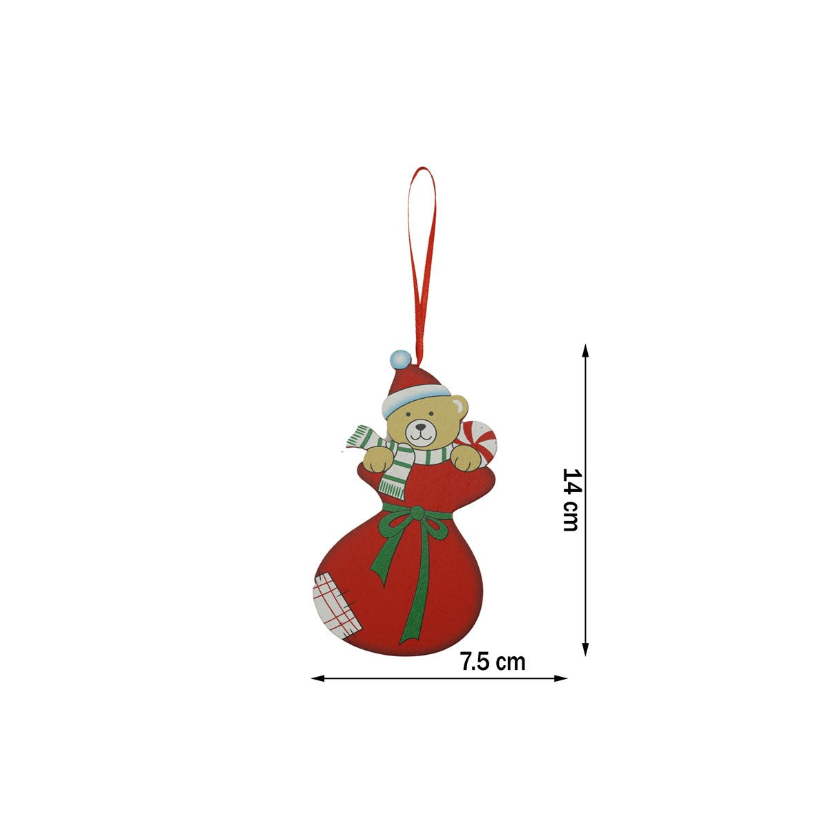 Ornament de brad ursulet, Flippy, rosu, lemn, 14 cm - vivimall.ro