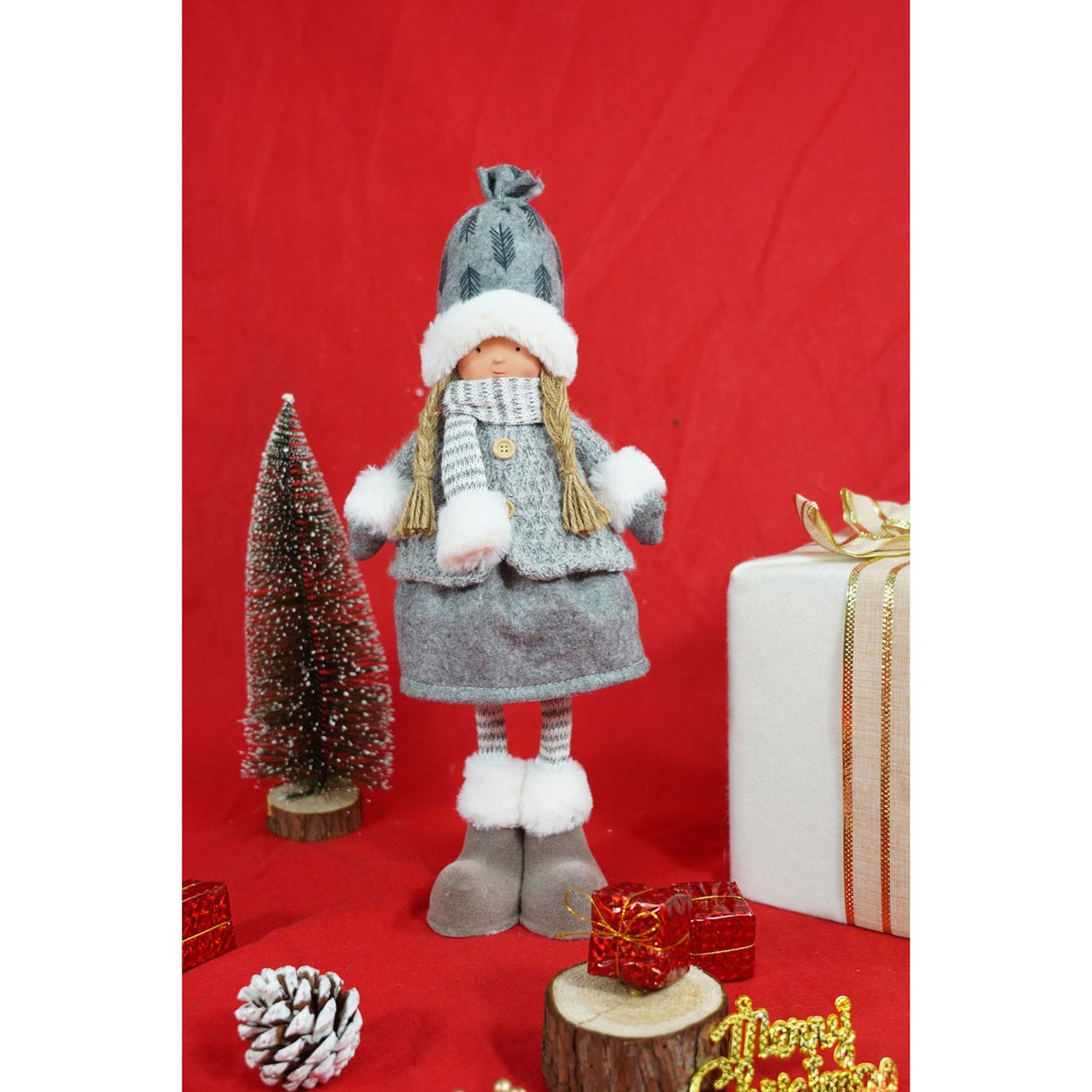 Ornament de Craciun papusa, Flippy, gri/alb, textil, 43 cm - vivimall.ro