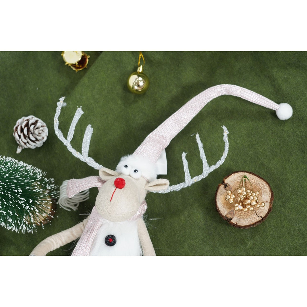 Ornament de Craciun ren cu picioare telescopice, Flippy, gri/alb, textil, 100 cm - vivimall.ro