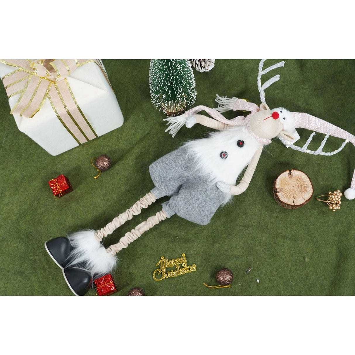 Ornament De Craciun Ren Cu Picioare Telescopice, /Alb, Textil, 100 Cm