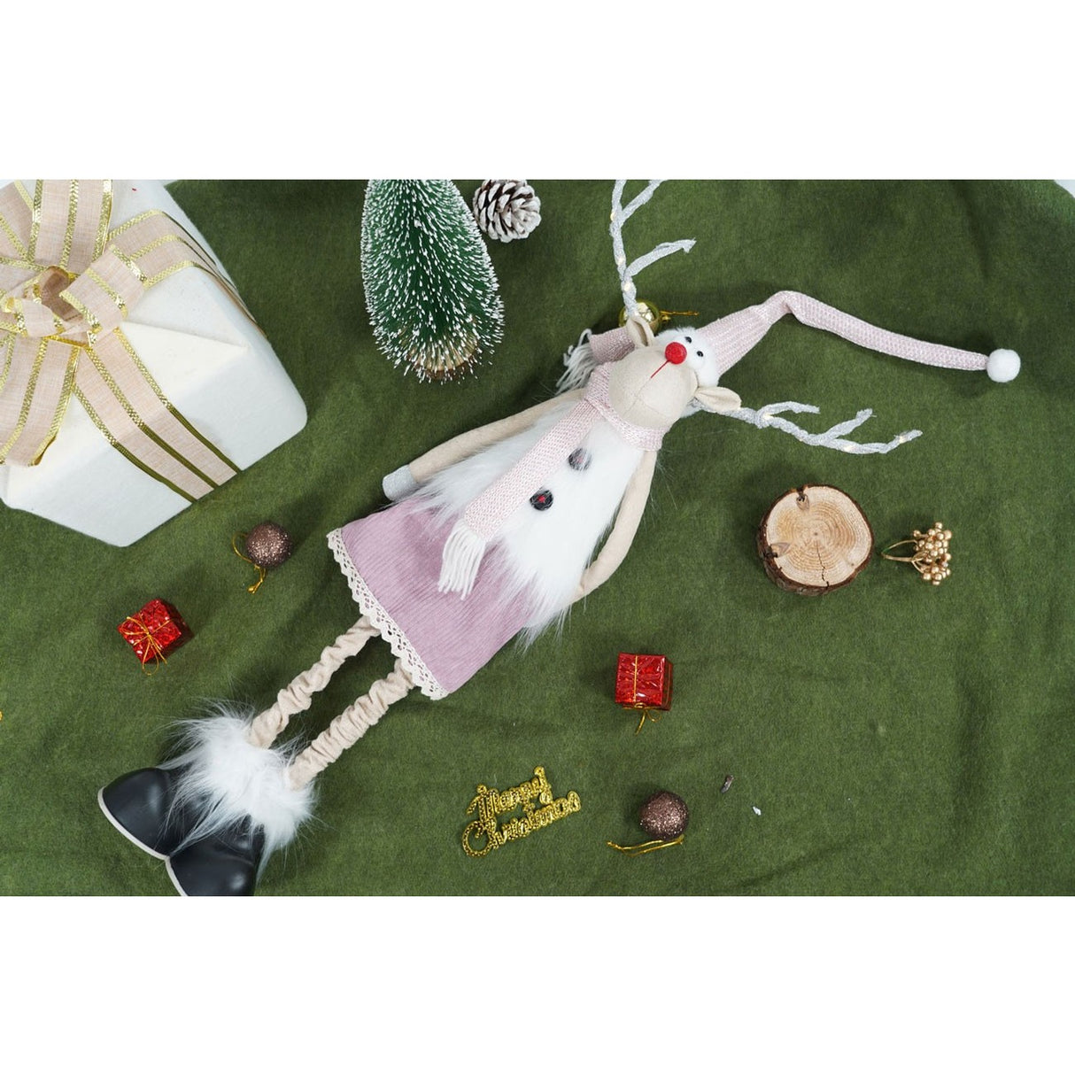 Ornament De Craciun Ren Cu Picioare Telescopice, Roz/, Textil, 72 Cm