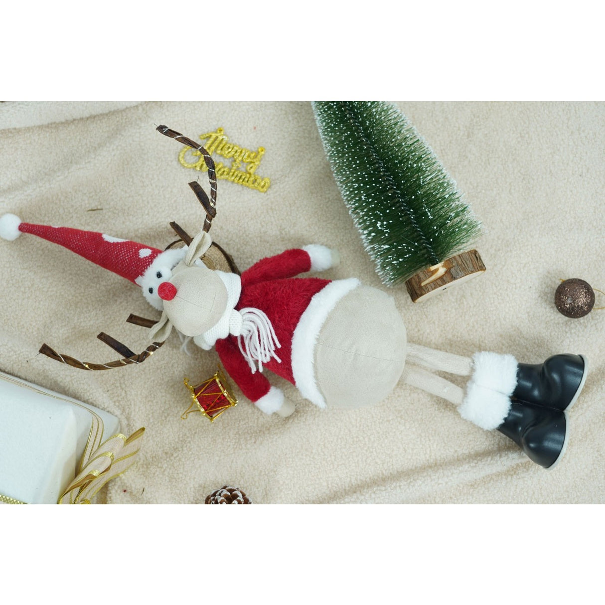 Ornament de Craciun ren, Flippy, rosu/alb, textil, 55 cm - vivimall.ro