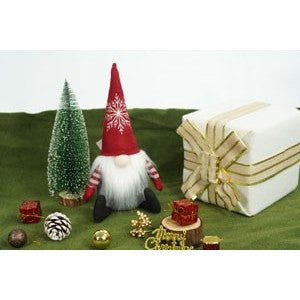 Ornament de Craciun spiridus cu palarie rosie, Flippy, rosu/gri, textil, 31 cm - vivimall.ro