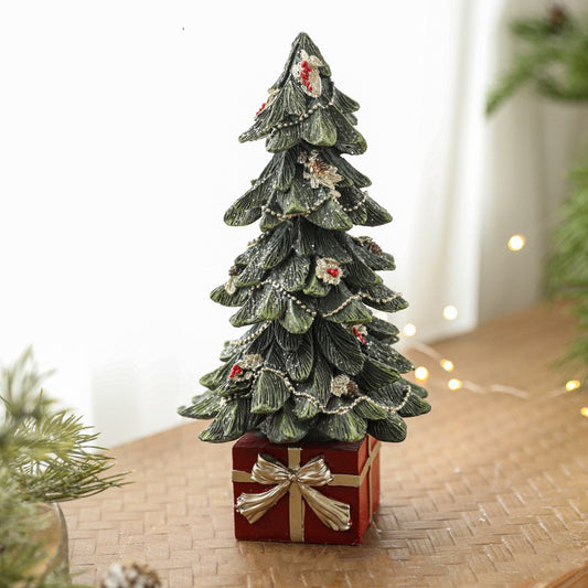 Ornament Decoratiune de Craciun, Vivimall, Decoratiune Mica pentru Craciun din Rasina, Model Brad Impodobit cu Cadouri, 26.5 x 13 x 13 cm, Verde - vivimall.ro