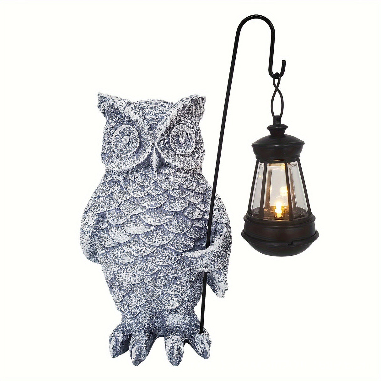 Ornament de Decor pentru Gradina cu LED, Flippy, Model Bufnita cu Felinar, Decoratiune Exterioara pentru Casa si Gradina, din Rasina, 21.5x15 cm, Gri - vivimall.ro