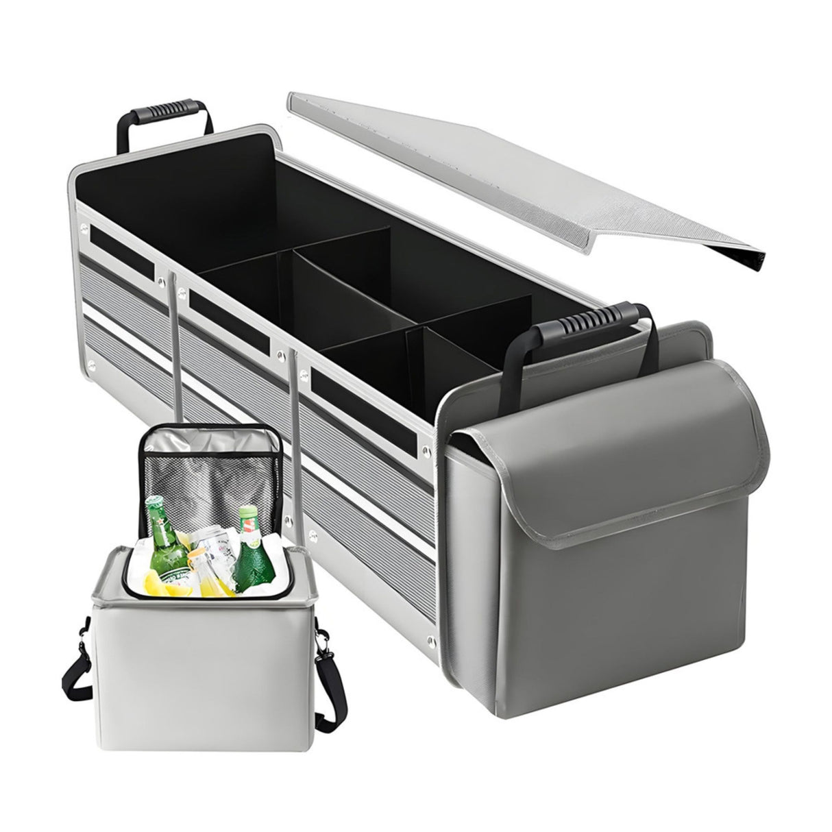 Organizator auto portbagaj Flippy pliabil din pânză, 3 compartimente, 90x35x30 cm, culoare gri, vedere frontală