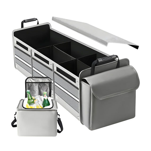 Organizator auto portbagaj Flippy pliabil din pânză, 3 compartimente, 90x35x30 cm, culoare gri, vedere frontală