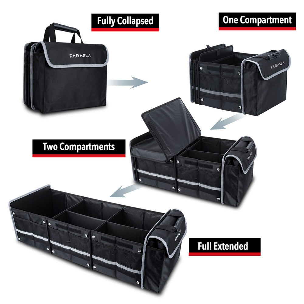 Organizator Auto pentru Portbagaj, Flippy, Model Pliabil, din Panza, cu Geanta Termoizolanta Detasabila, 3 Compartimente, Curele Ajustabile, 90 x 35 x 30 cm, Negru - vivimall.ro