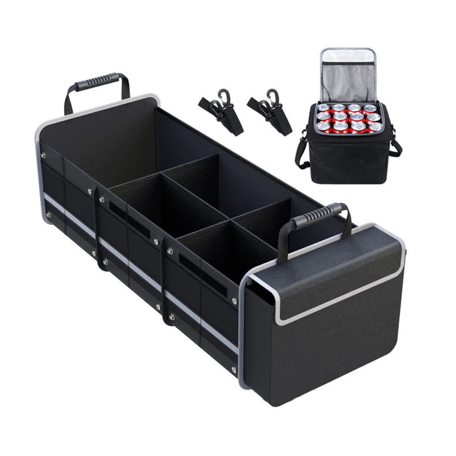 Organizator Auto pentru Portbagaj, Flippy, Model Pliabil, din Panza, cu Geanta Termoizolanta Detasabila, 3 Compartimente, Curele Ajustabile, 90 x 35 x 30 cm, Negru - vivimall.ro