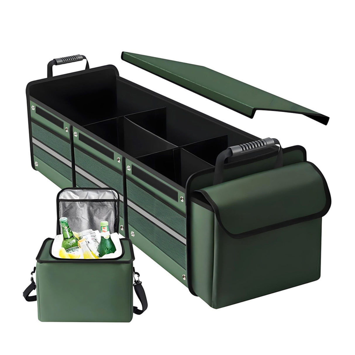 Organizator Auto pentru Portbagaj, Flippy, Model Pliabil, din Panza, cu Geanta Termoizolanta Detasabila, 3 Compartimente, Curele Ajustabile, 90 x 35 x 30 cm, Verde - vivimall.ro