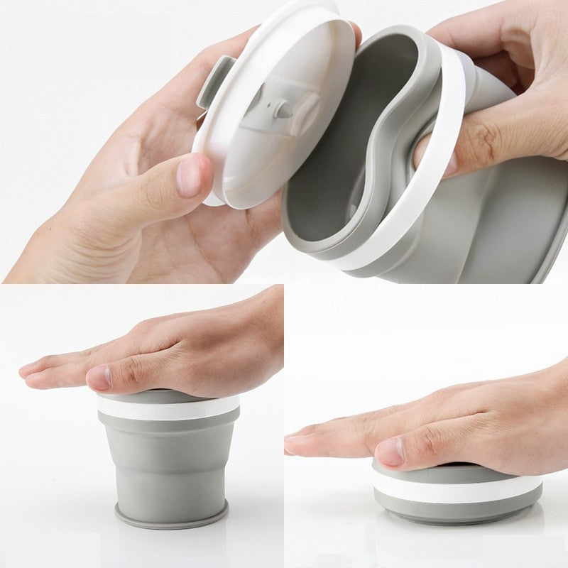 Pahar pliabil din silicon Vivimall, prentru calatorii, 350 ml, pai inclus, 9 x 9.2 cm, gri - vivimall.ro