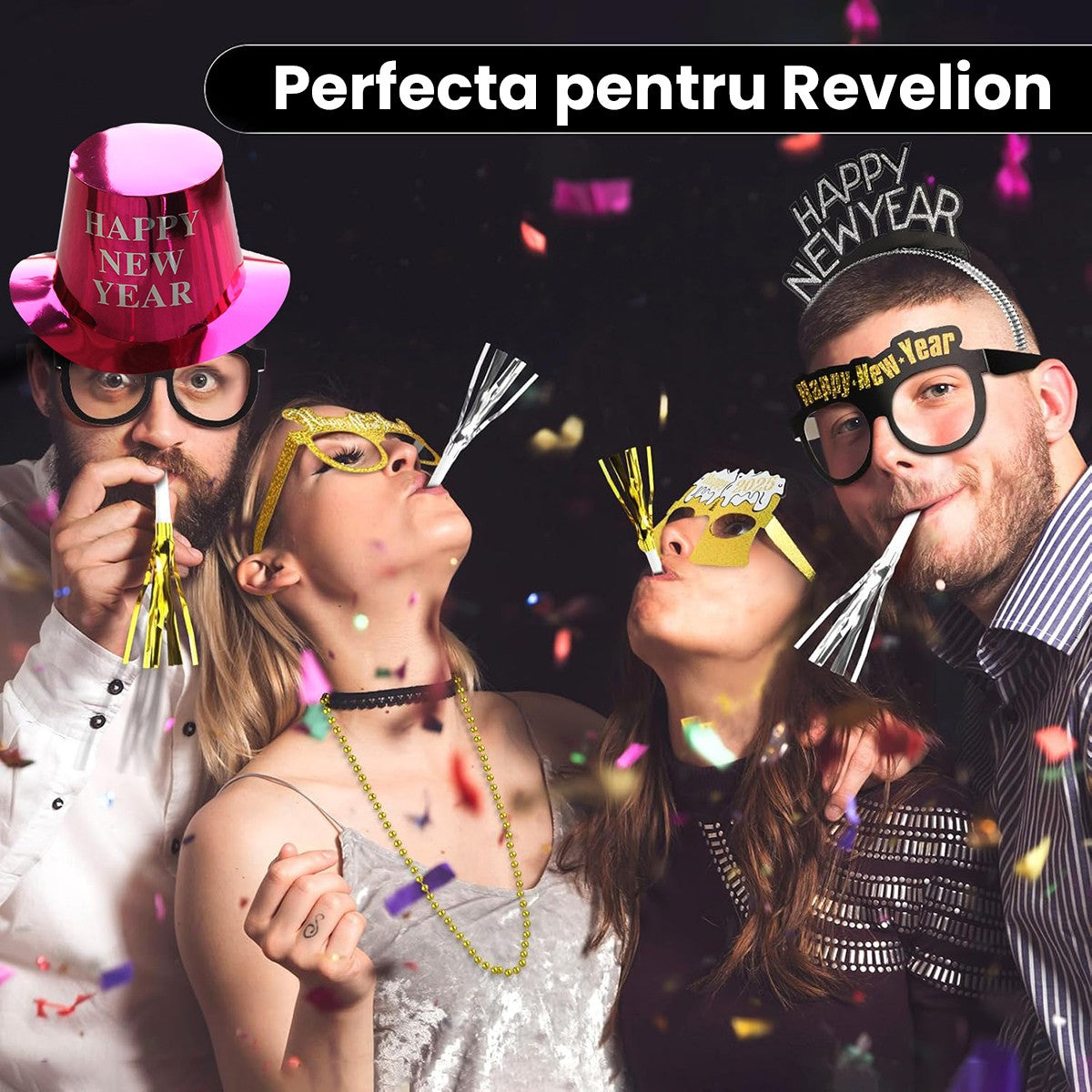 Palarie Happy New Year pentru Revelion, Flippy, Palarie Festiva de Anul Nou, Palarie Magica din Hartie, 29 x 25 x 15.5 cm, Colorata Sclipitor Roz - vivimall.ro