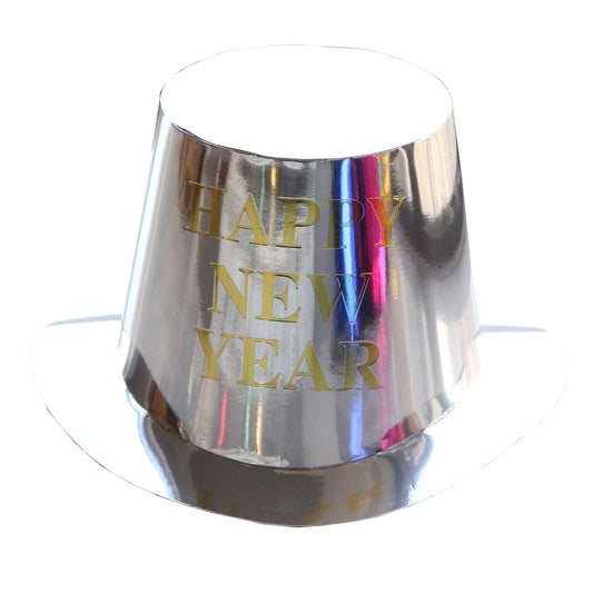 Palarie Happy New Year pentru Revelion, Vivimall, Palarie Festiva de Anul Nou, Palarie Magica din Hartie, 29 x 25 x 15.5 cm, Colorata Sclipitor Argintiu - vivimall.ro