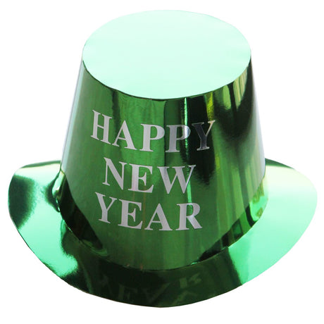 Pălărie verde sclipitor pentru Revelion din hârtie rezistentă, 29x25 cm, vedere frontală cu inscripție Happy New Year