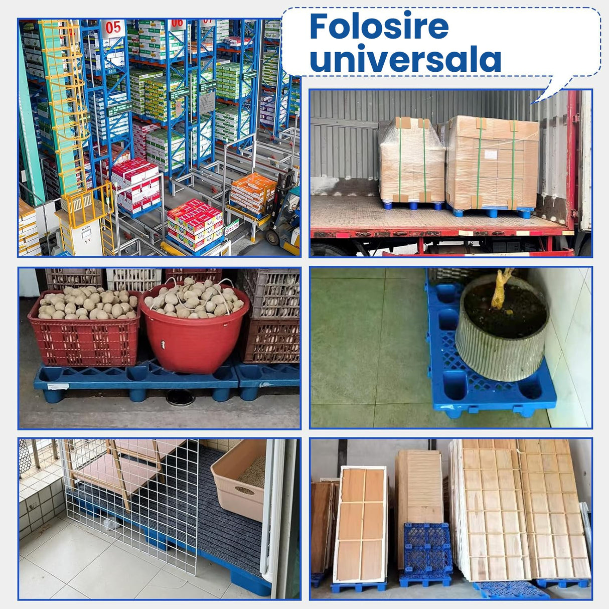 Set paleți plastic Flippy 60x40x10 cm stivuiți, utilizare în spații logistice industriale