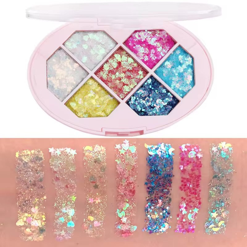 Paleta cu Glitter, Vivimall, Varianta 1, 7 Nuante, Pentru Corp si Par, 50 g, Rezistent la Apa, 9.8 x 6.8 cm, Multicolor - vivimall.ro