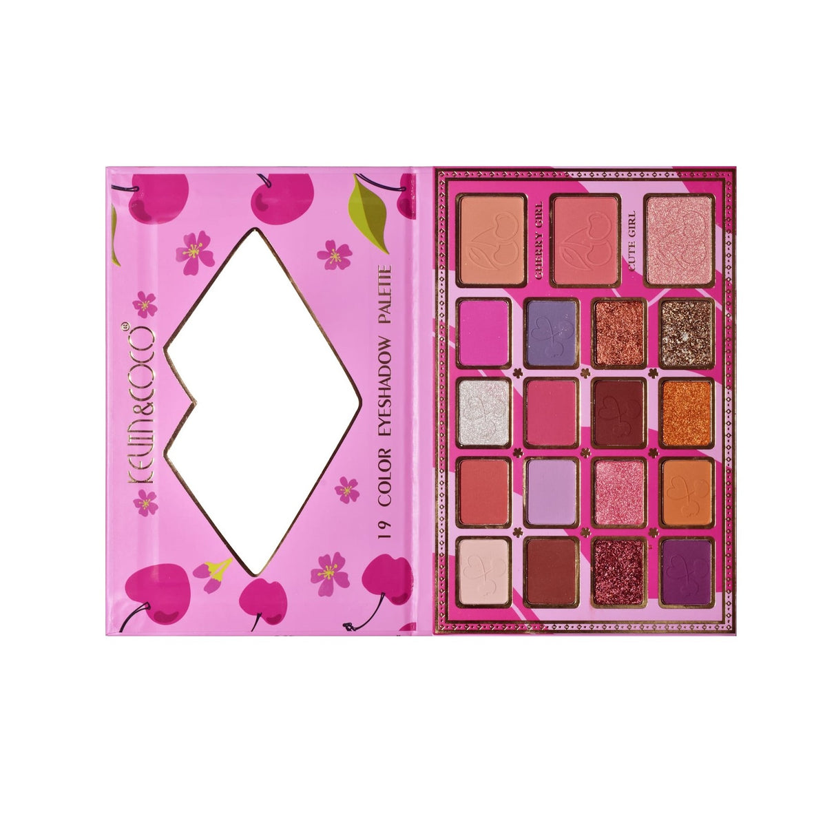 Paleta de Machiaj, KEVIN & COCO, Cherry Blossom. Fard de Pleoape, 19 culori, 19.2 x 12.8 x 1.4 cm - vivimall.ro