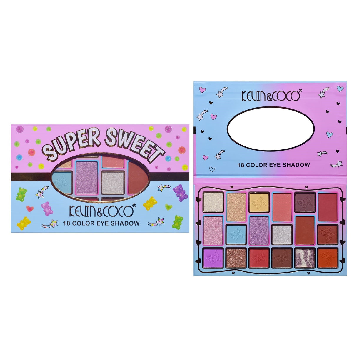 Palete de Machiaj, KEVIN & COCO, Pink Blue, Fard de Pleoape, 18 culori, 19.3 x 12 x 1.4 cm - vivimall.ro