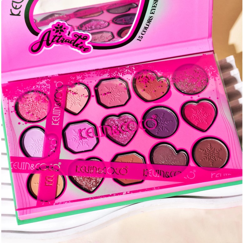 Paleta de Machiaj, KEVIN & COCO, Atractive, Farduri de Pleoape, 15 Culori, Model A, 16.5x10.8x1.5 cm, Multicolor - vivimall.ro