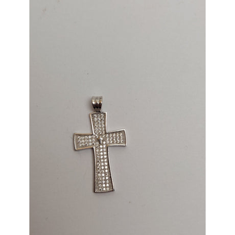 Pandantiv cruce argint 925 Jolie Silver, detaliu pietre ornamentale și gravură, unghi apropiat