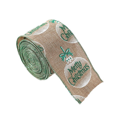 Panglica de Craciun pentru Decor Brad, Flippy, Panglica Decorativa de Craciun pentru Funde, Imprimeu Globulet Merry Christmas, 200 x 6.3 m, Khaki Alb Verde - vivimall.ro