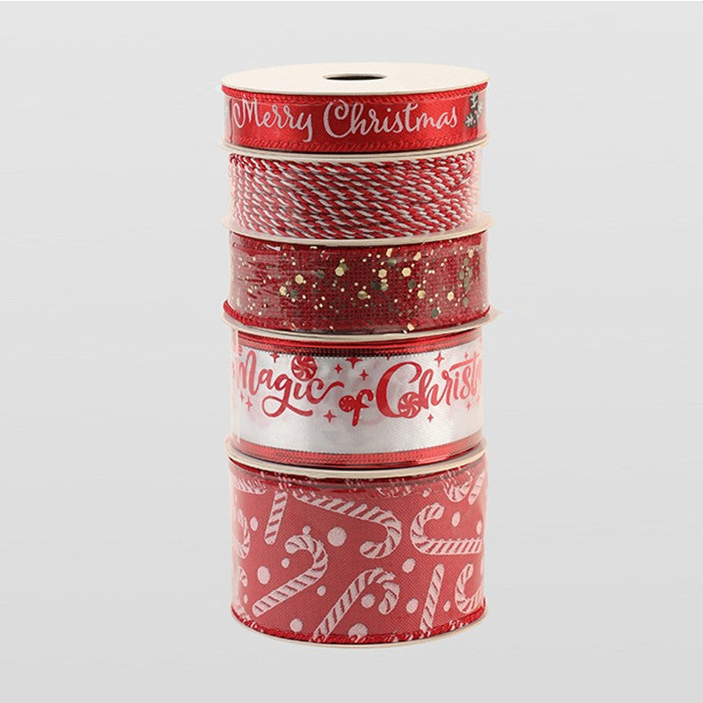 Panglica Decorativa cu Tematica de Craciun, Flippy, Set din 4 bucat + 1 Rulon Ata Rosie Alba, Panglica pentru Cadou de Craciun Brad si Decor, 2 M per bucata, Model Acadele, Rosu - vivimall.ro