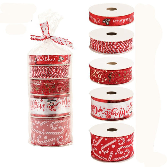 Panglica Decorativa cu Tematica de Craciun, Vivimall, Set din 4 bucat + 1 Rulon Ata Rosie Alba, Panglica pentru Cadou de Craciun Brad si Decor, 2 M per bucata, Model Acadele, Rosu - vivimall.ro