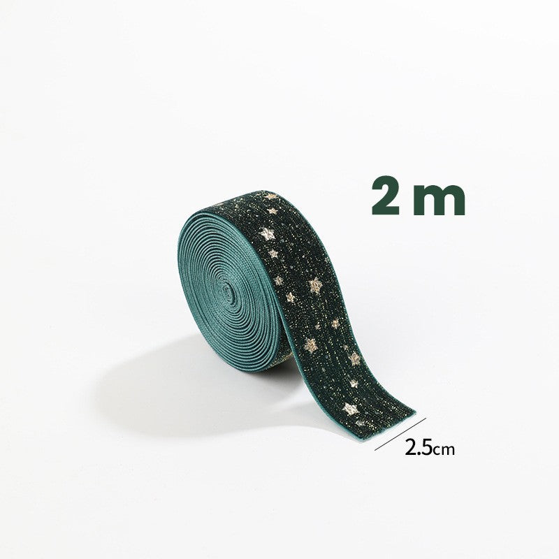 Panglica Decorativa de Craciun, Flippy, Panglica din Panza cu aspec de Catifea, Funda Ornament, Model cu Stele Aurii, Decor pentru Brad de Craciun, 200 x 2.5 cm, Verde - vivimall.ro