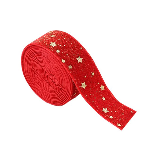 Panglica Decorativa de Craciun, Vivimall, Panglica din Panza cu aspec de Catifea, Funda Ornament, Model cu Stele Aurii, Decor pentru Brad de Craciun, 200 x 2.5 cm, Rosu - vivimall.ro