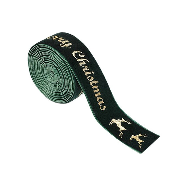 Panglica Decorativa de Craciun, Flippy, Panglica din Panza cu aspec de Catifea, Funda Ornament, Model Merry Christmas si Cerbi Aurii, Decor pentru Brad de Craciun, 200 x 2.5 cm, Verde - vivimall.ro