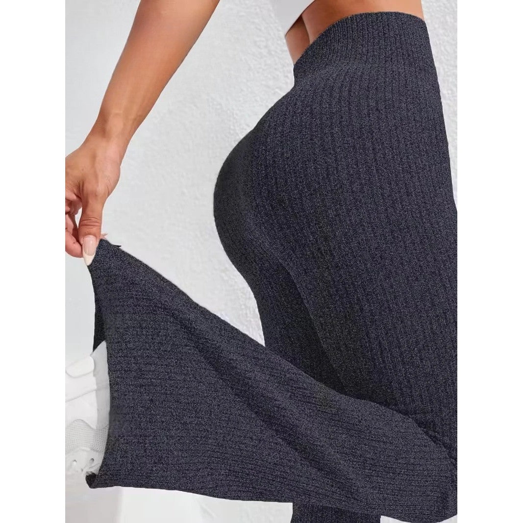 Detaliu talie înaltă fără cusături pantaloni sport damă Vivimall, material tricotat spandex nylon, albastru marin