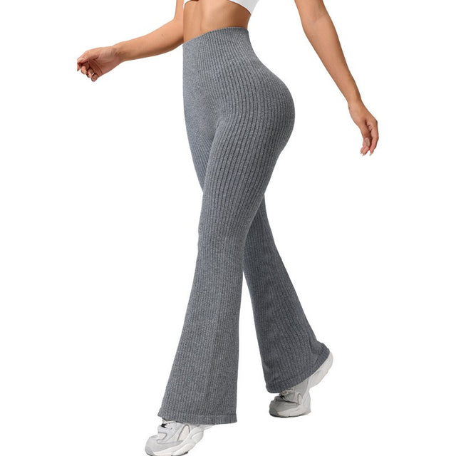 Pantaloni yoga damă gri deschis Vivimall, talie înaltă evazați, vedere frontală, mărime M