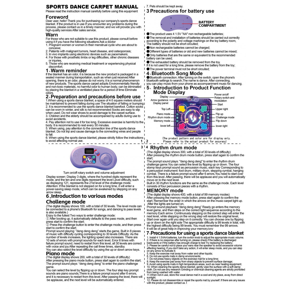 Jucarie Interactiva, Vivimall, Covor Muzical de Dans, 4-6 Ani, Bluetooth, 4 Moduri, 90 x 90 cm, Mov - vivimall.ro