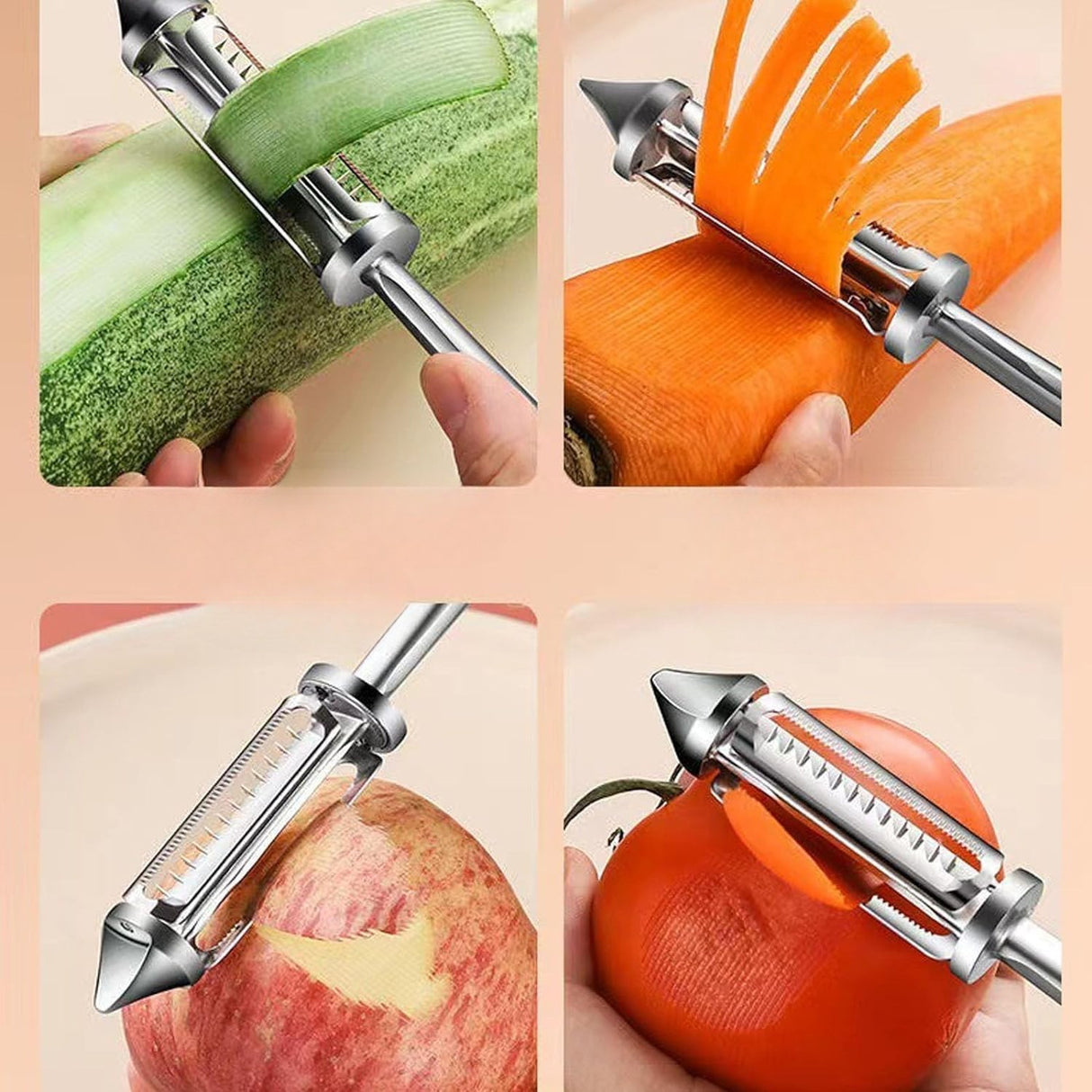 Peeler 2In1 Pentru Legume Si Fructe, Multifunctional, Cu 2 Lame De Curatati Si Feliat, Varf Ascutit Pentru Gaurit, 18 Cm, Din Otel Inoxidabil, Argintiu/Negru - vivimall.ro