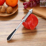 Peeler 2in1 pentru Legume si Fructe, Vivimall, Multifunctional, cu 2 Lame de Curatati si Feliat, Varf Ascutit pentru Gaurit, 18 cm, din Otel Inoxidabil, Argintiu/Negru - vivimall.ro