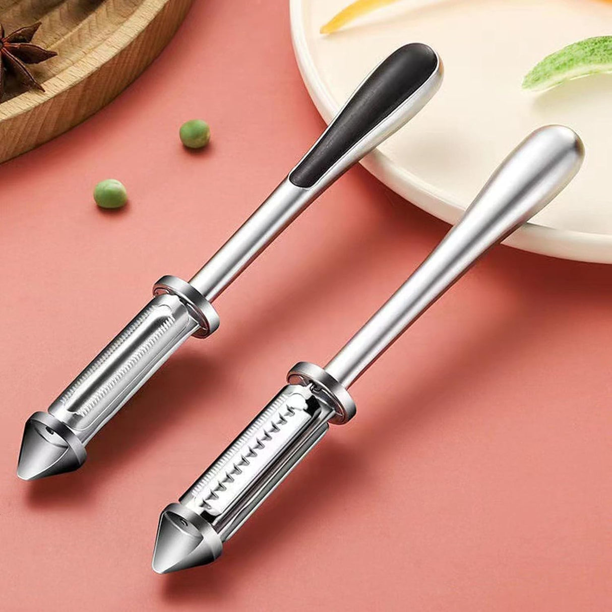 Peeler 2In1 Pentru Legume Si Fructe, Multifunctional, Cu 2 Lame De Curatati Si Feliat, Varf Ascutit Pentru Gaurit, 18 Cm, Din Otel Inoxidabil, Argintiu/Negru - vivimall.ro