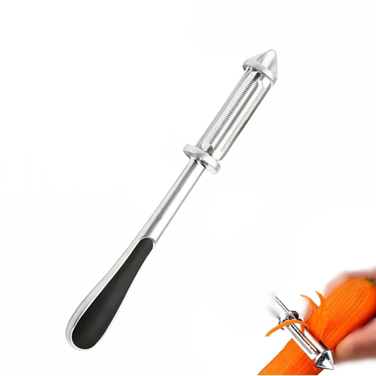 Peeler 2In1 Pentru Legume Si Fructe, Multifunctional, Cu 2 Lame De Curatati Si Feliat, Varf Ascutit Pentru Gaurit, 18 Cm, Din Otel Inoxidabil, Argintiu/Negru - vivimall.ro