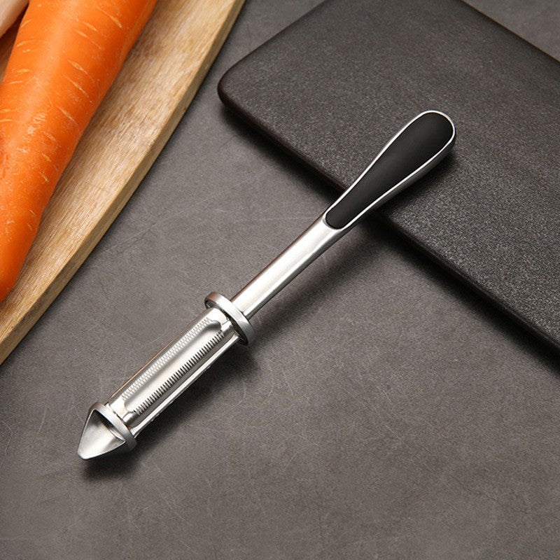 Peeler 2In1 Pentru Legume Si Fructe, Multifunctional, Cu 2 Lame De Curatati Si Feliat, Varf Ascutit Pentru Gaurit, 18 Cm, Din Otel Inoxidabil, Argintiu/Negru - vivimall.ro