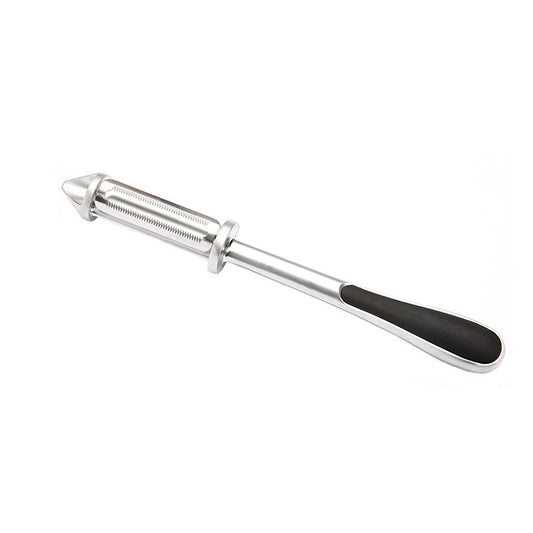 Peeler 2in1 pentru Legume si Fructe, Vivimall, Multifunctional, cu 2 Lame de Curatati si Feliat, Varf Ascutit pentru Gaurit, 18 cm, din Otel Inoxidabil, Argintiu/Negru - vivimall.ro