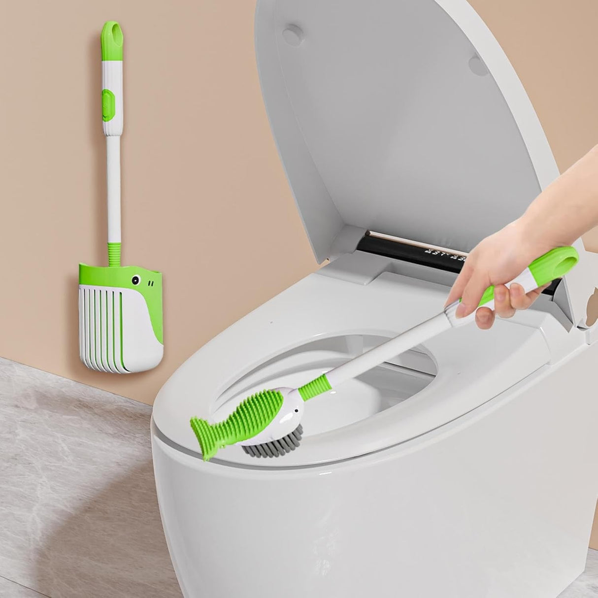 Perie de Toaleta, Flippy, cu Suport de Perete, Recipient Detergent, 2 Tipuri de Perii, Model Balena, Verde