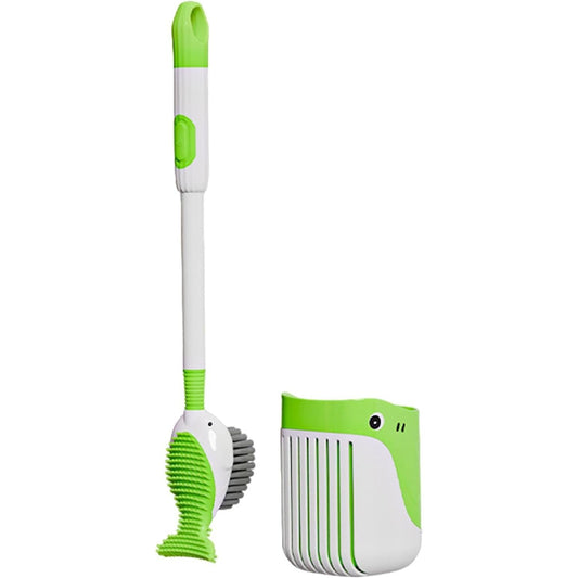 Perie de Toaleta, Vivimall, cu Suport de Perete, Recipient Detergent, 2 Tipuri de Perii, Model Balena, Verde - vivimall.ro