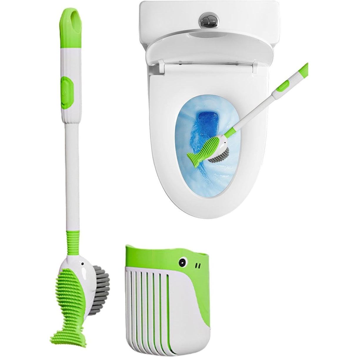 Perie de Toaleta, Flippy, cu Suport de Perete, Recipient Detergent, 2 Tipuri de Perii, Model Balena, Verde