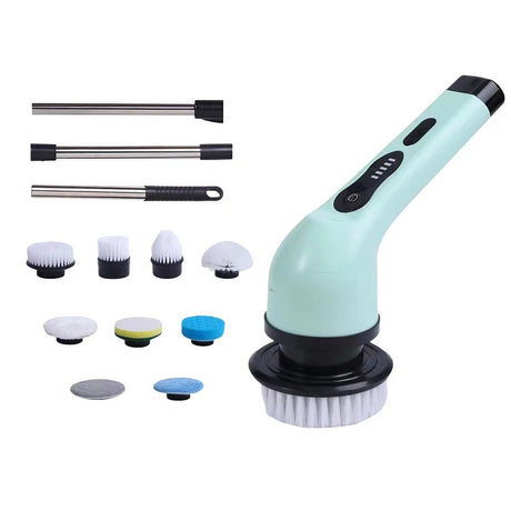 Perie Electrica de Curatare, Vivimall, pentru Gresie, Baie, Bucatarie, 25x20x9.5 cm, cu 9 Capete, Maner Extensibil Detasabil 84-127cm, Incarcare USB-Type C, Rotire 360 de Grade, 3000 mAh, Culoare: Verde - vivimall.ro