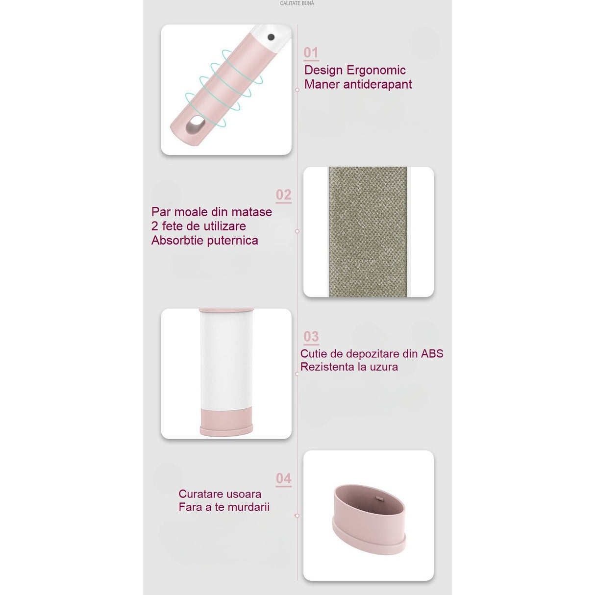 Perie Electrostatica, Vivimall, Pentru Curatarea Parului/Scamelor de pe Haine si Tapiterii, 2 Fete, Autocuratare, 31 x 8.5 cm, Roz - vivimall.ro