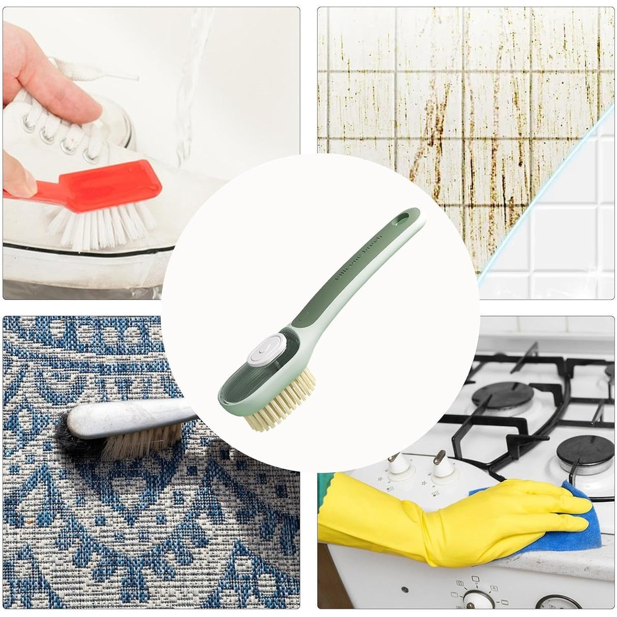 Perie Multifunctionala 2 in 1, Flippy, Perie Densa/Perie din Piele de Caprioara, cu Recipient Lichid, Maner Lung, 20.1x 4.3 x 5 cm, Verde