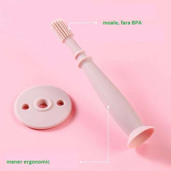 Periuta De Dinti Din Silicon Pentru Bebelusi, Fara Bpa, 360 Grade, Bariera Anti-Inghitire, Maner Ergonomic,