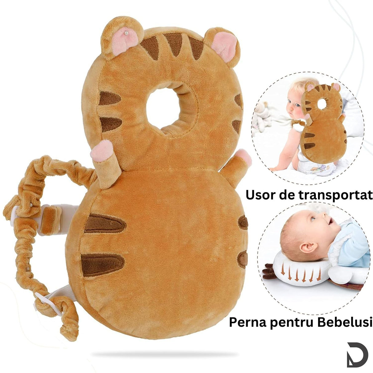 Perna tip Rucsac pentru Protectia Capului, Flippy, Tetiera tip Tigru, pentru Bebelusi, 33x6x19 cm, 180 g, Maro