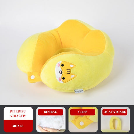 Perna de Calatorie, Flippy, Pentru Gat si Cap, Umplutura din Bumbac, 28x28x10 cm, cu Model Brodat Pisica, Galben